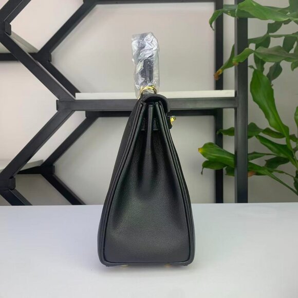 Handmade Genuine Leather Kelly 25 Black Top Handle Bag - Picture 3 of 12